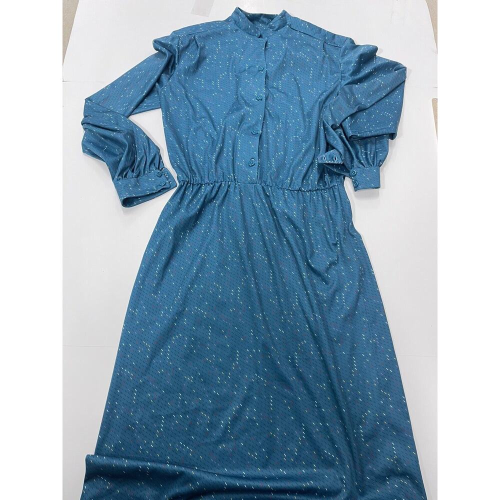 Vintage Handmade Teal Blue Geometric Patter Long Sleeve Dress